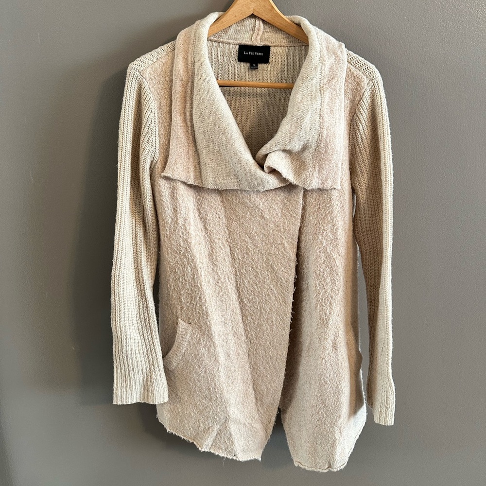 La Feé Verte Cream Drape Cowl Neck Sweater Cardigan